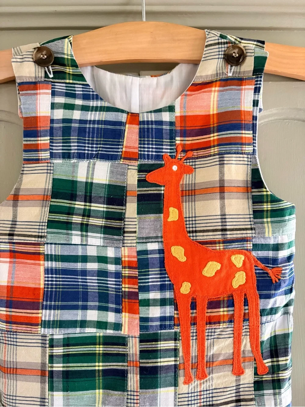 Kelly’s Kids Madras Plaid Patchwork Jon Jon Jumper w/Giraffe Appliqué | Size 2T